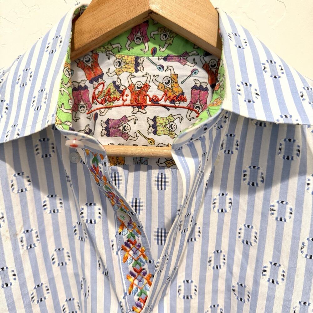 Robert Graham Flip Cuff Button Up Shirt Men’s Medium Blue Striped Music Man